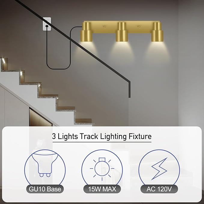 Plug-in Track Lighting LED, Track Light Fixtures Ceiling Kit, 15.7" Gold 3 Way Wall Lights for Kitchen, Plug in Ceiling Light with 14.8ft Power Cord,Rotatable Spotlight for Hallway(GU10 Base,No Bulb)
