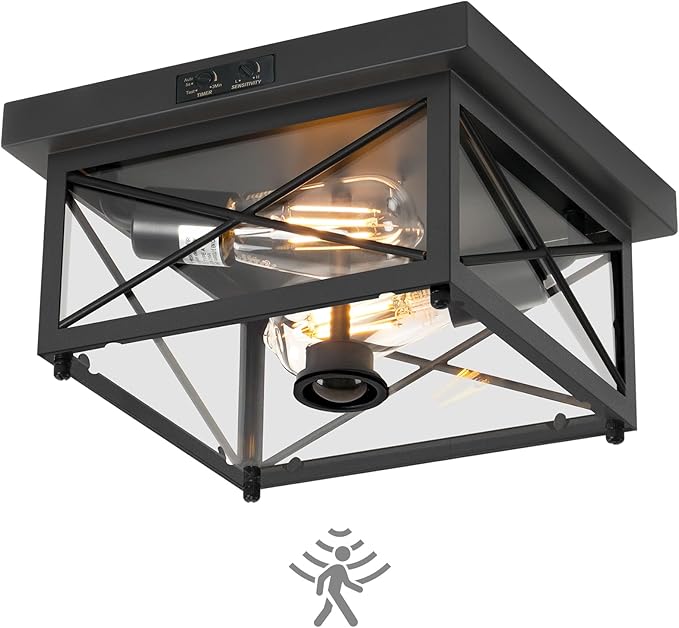 Outdoor Ceiling Light Fixture, Motion Sensor Outdoor Porch Light Ceiling Mount, 2-Light Metal Close to Ceiling Light Fixture with Glass Shade, 3 Modes, Bulbs Not Included, Black BT09XD05