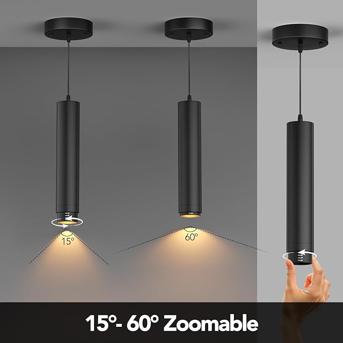 Remote Control LED Pendant Lights with Adjustable Cord, Dimmable Hanging Pendant Lighting Fixtures for Kitchen Island Over Table, Zoomable 2700K-6000K, CRI97+ 10W 1000LM, Black (3 Pack)
