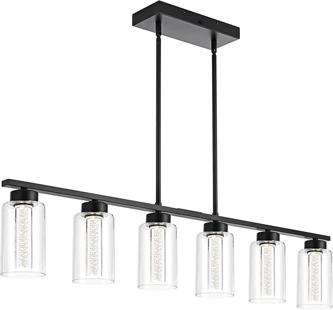 TODOLUZ 6-Lights 5CCT LED Black Kitchen Island Light LED Integrated Bulbs Included, Modern Linear Pendant Light Fixtures Hanging with Bubble Crystal LED & Clear Glass Shade