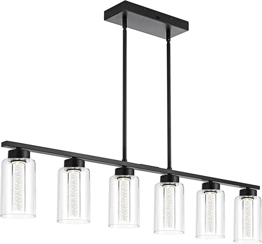 TODOLUZ 6-Lights 5CCT LED Black Kitchen Island Light LED Integrated Bulbs Included, Modern Linear Pendant Light Fixtures Hanging with Bubble Crystal LED & Clear Glass Shade