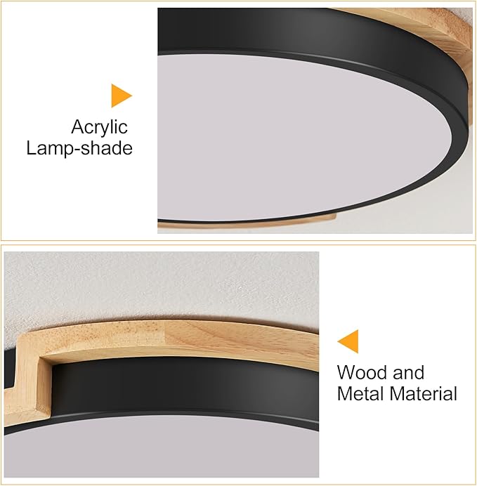 Modern Dimmable LED Flush Mount Ceiling Light Fixture,Round Close to Ceiling Lighting,Matte Black with Wood Accent,Minimalist Kitchen Light Fixtures for Bedroom,Entryway,Living Room,15.75in