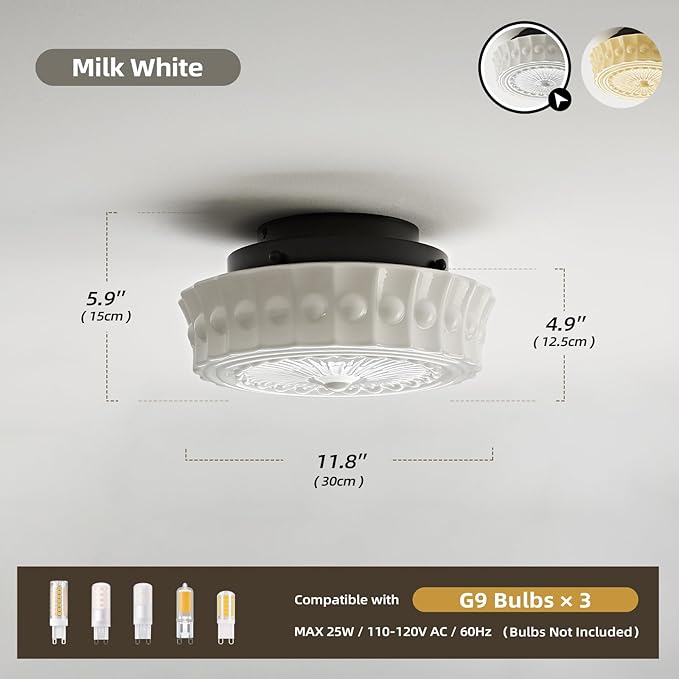 Milk Glass Schoolhouse Ceiling Light - Small 12 Inch Vintage Mid Century Modern Flush Mount Lighting Fixtures - Antique Art Deco Lamp for Hallway Bedroom Kitchen Entryway Laundry Foyer Bathroom Hall