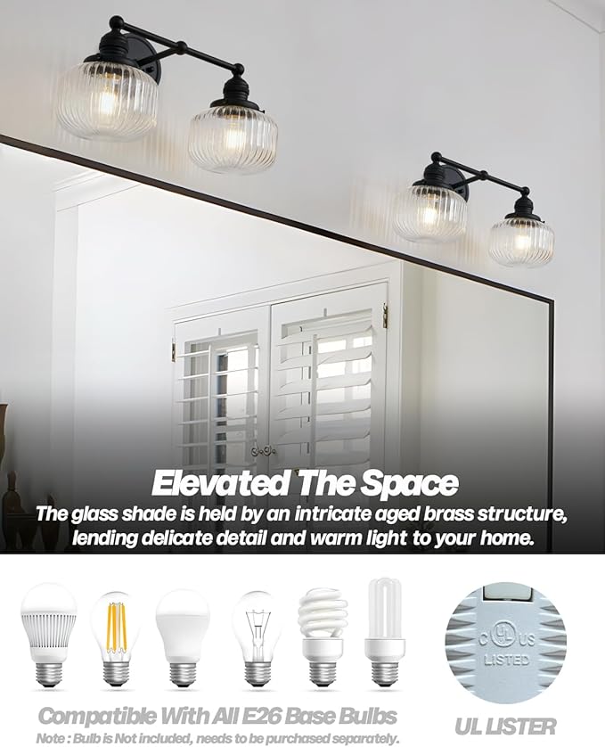 2-Lights Wall Sconces,Vintage Double Arm Black Bathroom Vanity Light with Clear Striped Glass Shade Hardwire Indoor Wall Sconce Lighting for Bathroom Living Room Bedroom Kitchen