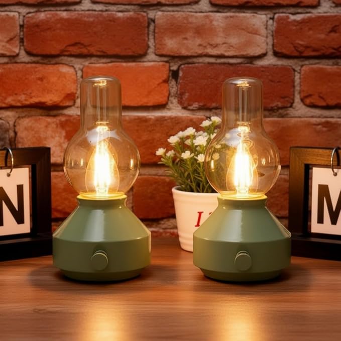 Vintage Rechargeable Cordless Table Lamp 2 Pack,Dimmable Rotary Control, Small Battery-Powered,Hand-Blown Glass, Bulbs Included,Retro Farmhouse Lamp for Bedroom, Living Room, Kitchen,Green