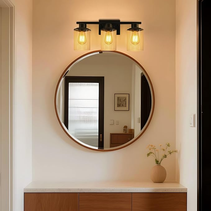 Lightdot Modern Bathroom Light Fixtures, 3 Light Vanity Lights, Black Wall Lamp with Clear Glass for Bathroom, Mirror, Living Room, Bedroom, Hallway, E26 Base-Black