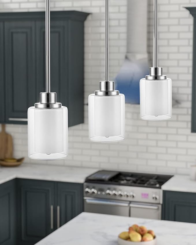 1-Light Mini Pendant Light Fixtures, 3 Pack Modern Brushed Nickel Hanging Ceiling Light with Dual Glass, Adjustable Height