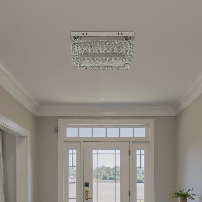 Finktonglan Modern Crystal Flush Mount Ceiling Light, 11.8" Rectangular Dimmable LED Ceiling Fixture with Multi-Faceted Crystal Prisms, 18W Low Profile for Bedroom Hallway Entryway
