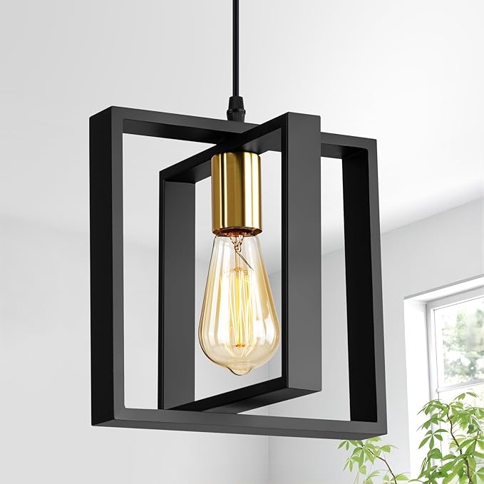 Farmhouse Small Pendant Light Fixture,Kitchen Island Hanging Lamp with Cord, Black+Gold Finish, Wood Frame Chandelier for Hallway Entryway Closet Bedroom,9.5 Inch,E26.
