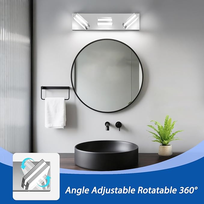 IZORRO LED Modern Bathroom Lights Fixtures(3-Light,Dimmable,360°Rotate),Chrome Acrylic Wall Lighting,Vanity Lights for Bathroom Over Mirror - 6000k 16In （No Assembly Required）