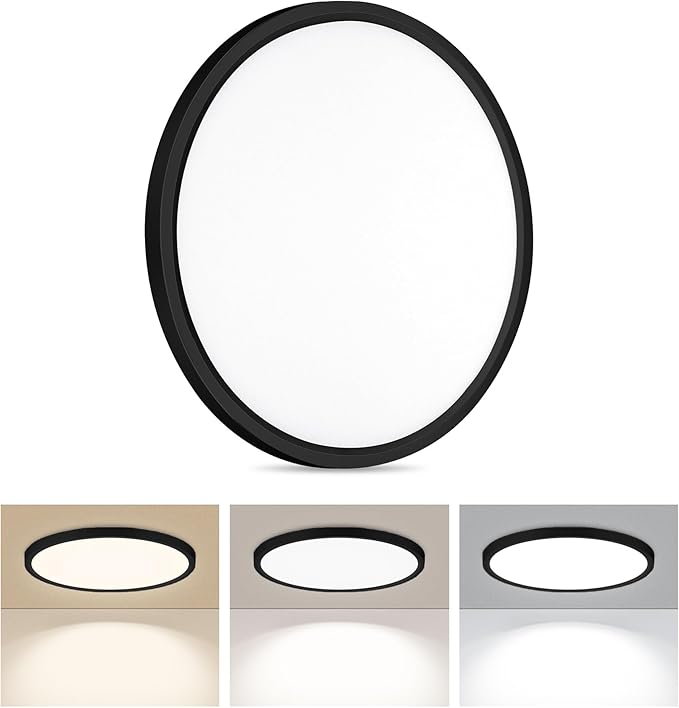 1 Pack LED Flush Mount Ceiling Light, 24W Ultra Thin Round White Lamp 3000K/4000K/6500K 3 Color Temperatures Adjusted 12 Inch Modern Ceiling Lights, Black, Wired