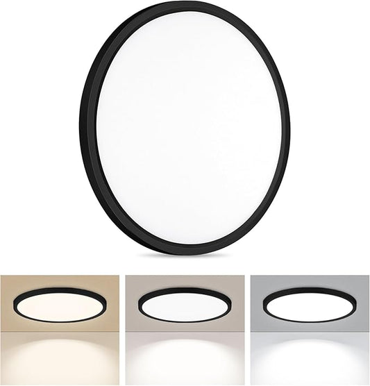 1 Pack LED Flush Mount Ceiling Light, 24W Ultra Thin Round White Lamp 3000K/4000K/6500K 3 Color Temperatures Adjusted 12 Inch Modern Ceiling Lights, Black, Wired