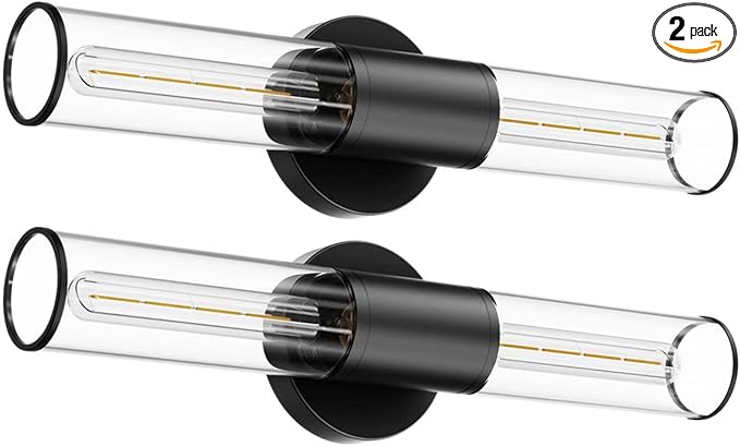 Bathroom Vanity Light Fixture, 2-Light Black Wall Sconce Lighting Fixture with Clear Glass, Indoor E26 Socket Wall Lamp for Mirror Living Room Hallway, 2 Pack