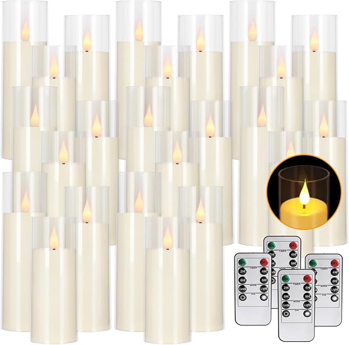 fclayvts 24 Packs of Acrylic LED Candles, Flickering Flameless Candles Battery Operated with Remote Dimmed and Timed, 3D Wick Candles for Home Decor,Wedding,Gift，Parties and Festivals. (3 Size)