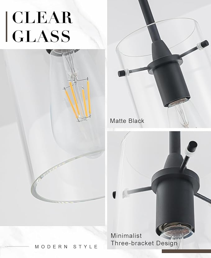 2 Pack Pendant Lights Kitchen Island, Adjustable Hanging Glass Pendant Light Fixtures, Matte Black Pendant Lights Kitchen Island, Modern Kitchen Pendant Lighting Over Island