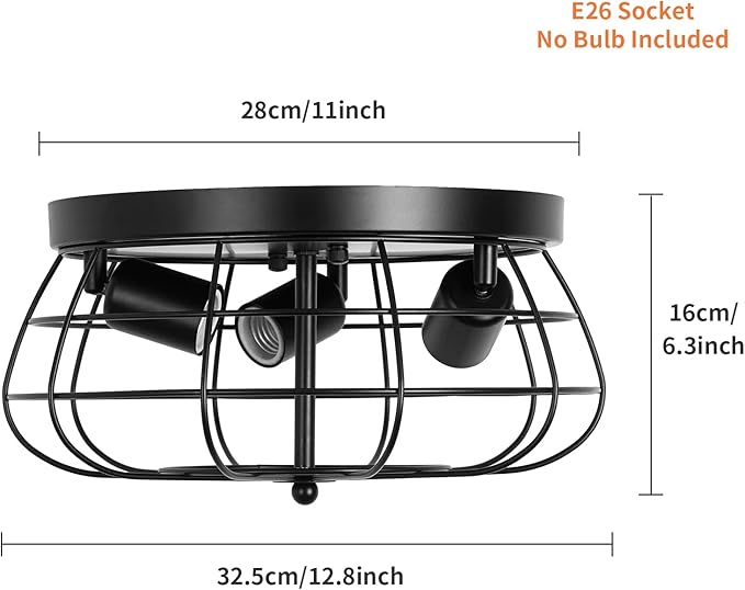 Farmhouse Flush Mount Ceiling Light Black Ceiling Light Fixtures 3-Light Industrial Flush Mount Ceiling Light Metal Cage Ceiling Lights for Kitchen Bedroom Living Room Hallway Foyer(E26 Base)