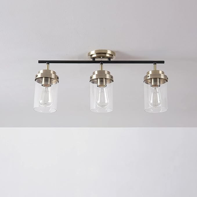 GLOBE Electric 59673 3-Light Track Lighting, Antique Brass, Matte Black Bar, Clear Glass Shades, Lighting for Kitchen, Bathroom, Bedroom, or Dining Room, Living Room Ceiling Lights, Light Fixture