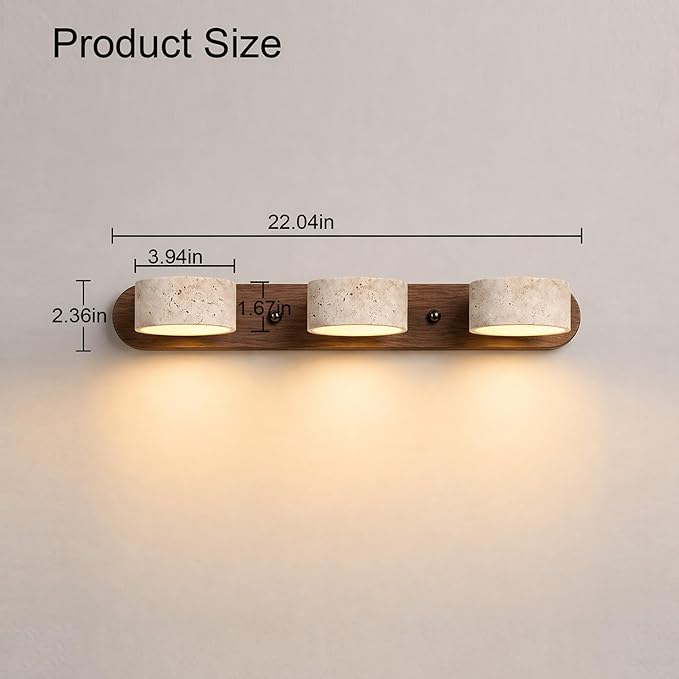 LED Natural Stone Vanity Light with 3 Travertine Stone Shades, Bathroom Vanity Light Fixture, 360° Rotatable Stone Lampshades, Modern Rustic Wall Lamp for Bedroom, Living Room, Hallway (Walnut Wood)