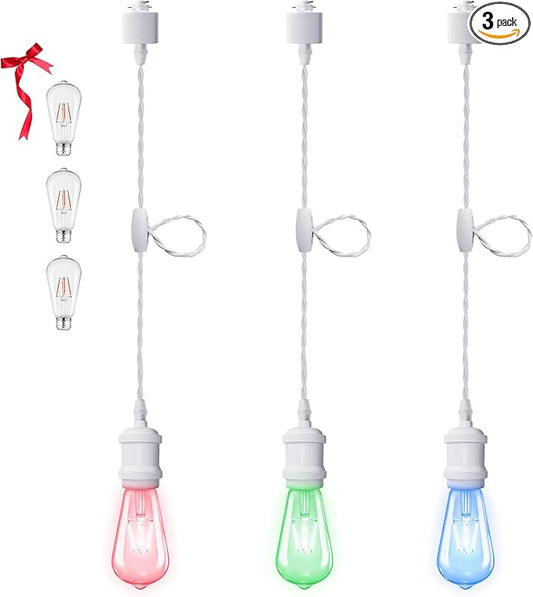 RGB Pendant Lights for Kids Room & Party Decor – 3-Pack White Track-Mounted Fixtures with Red Green Blue Bulbs, E26 Base, H-Type Track Compatible