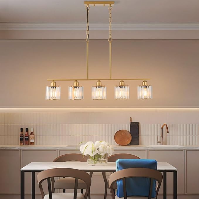 36" Chandeliers for Dining Room, Brass Pendant Lights Kitchen Island Lighting, 5-Light Gold Dining Room Light Fixture Chandeliers over Table Brushed Gold Island Lights for Kitchen, K9 Crystal Shades