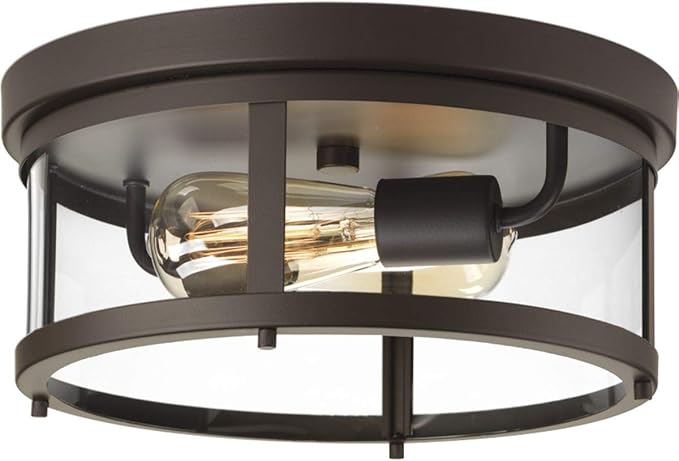 Progress Lighting Gunther Collection 2-Light Clear Glass Farmhouse Outdoor Flush Mount Light Antique Bronze, 5.75x12.63x12.63