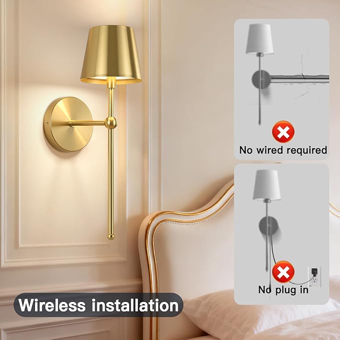 TaoFiaCo Battery Operated Wall Sconces Set of 2, Wireless Wall Sconce with Remote Dimmable Timer, Rechargeable 5200mAh, Cordless Gold Wall Light for Bedroom Living Room, Hallway, Light Decor