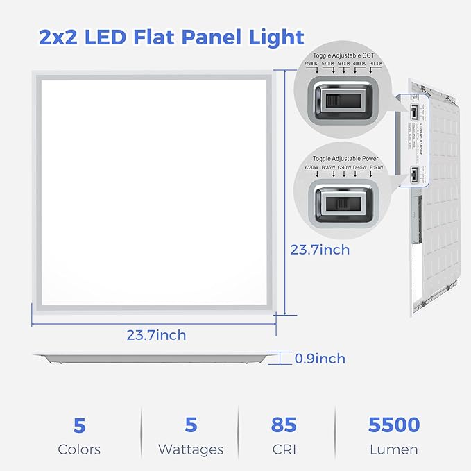 AIKVSXER 8 Pack 2x2 LED Flat Panel Light - Selectable 5 CCT 3000K-6500K & 5 Wattage 30-50W 5500Lm 0-10V Dimmable 2x2 led Drop Ceiling Lights 120-277V for Commercial and Home