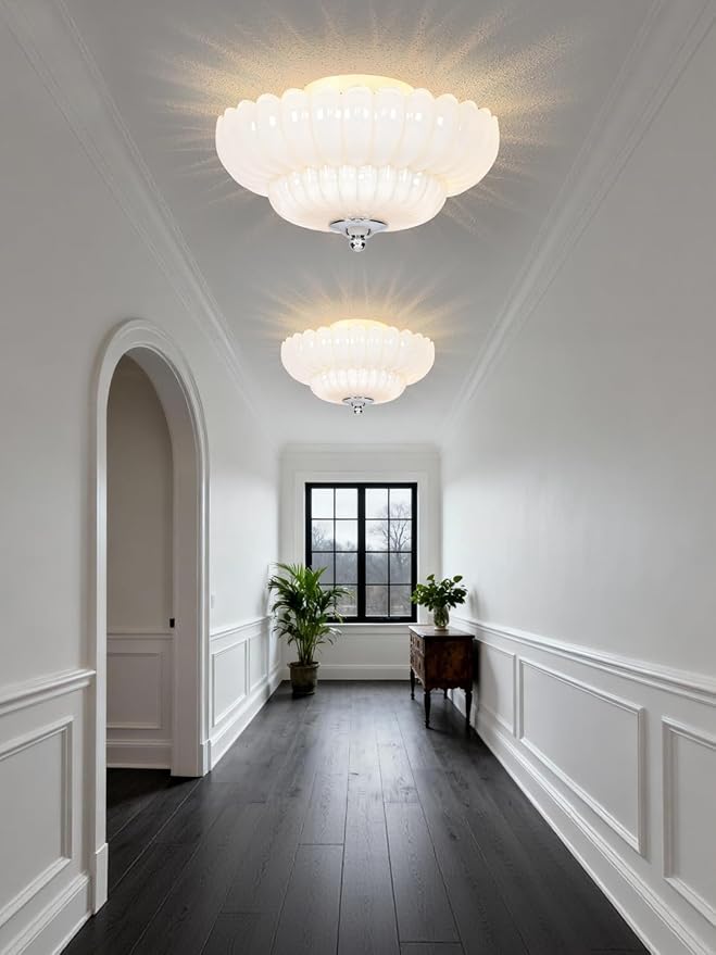 Semi Flush Mount Ceiling Light, Pearl white Glass Ceiling Light Fixture, 3-Bulb Modern Close to Ceiling Light, Vintage Glass Ceiling Lights for Bedroom Kitchen Living Room, Bulb Not Included