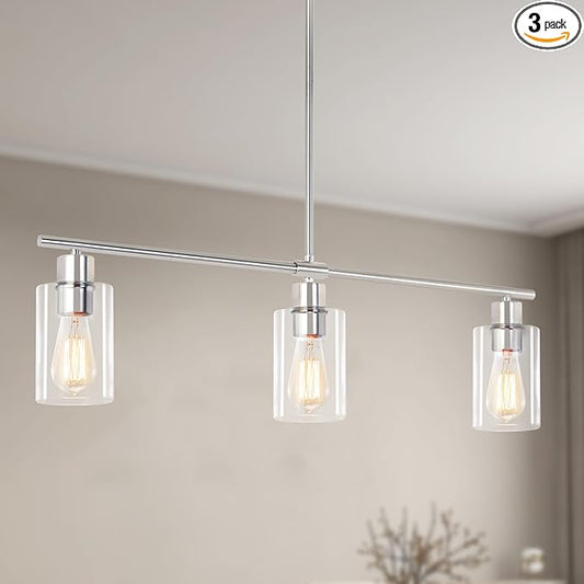 3-Light Kitchen Island Lighting, Farmhouse Dining Room Light Fixtures Over Table, Modern Brushed Nickel Island Lights Over Island, Linear Chandelier Hanging Ceiling Pendant Light Fixtures for Kitchen