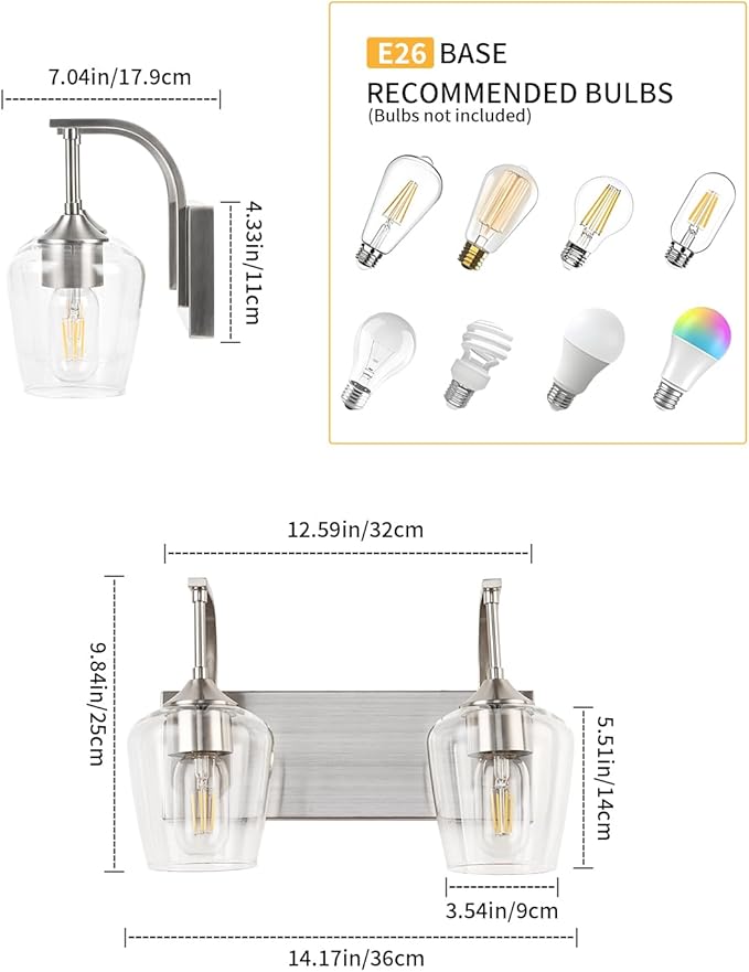 Brushed Nickel Bathroom Light Fixtures Bathroom Vanity Light with Clear Glass Shade, 2-Light Modern Wall Lights for Bedroom Hallway Living Room (E26 Base)