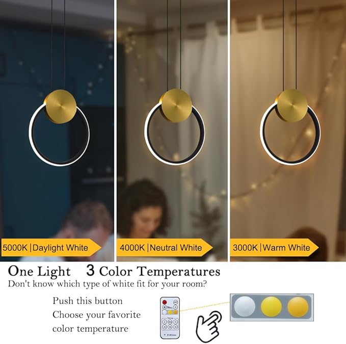 Modern LED Pendant Light Fixtures, Adjustable Height Circular Kitchen Island Light Set of 2, Small Black and Gold Hanging Pendant Light, RC Dimmable Pendant Lighting for Bedroom Entryway Hallway
