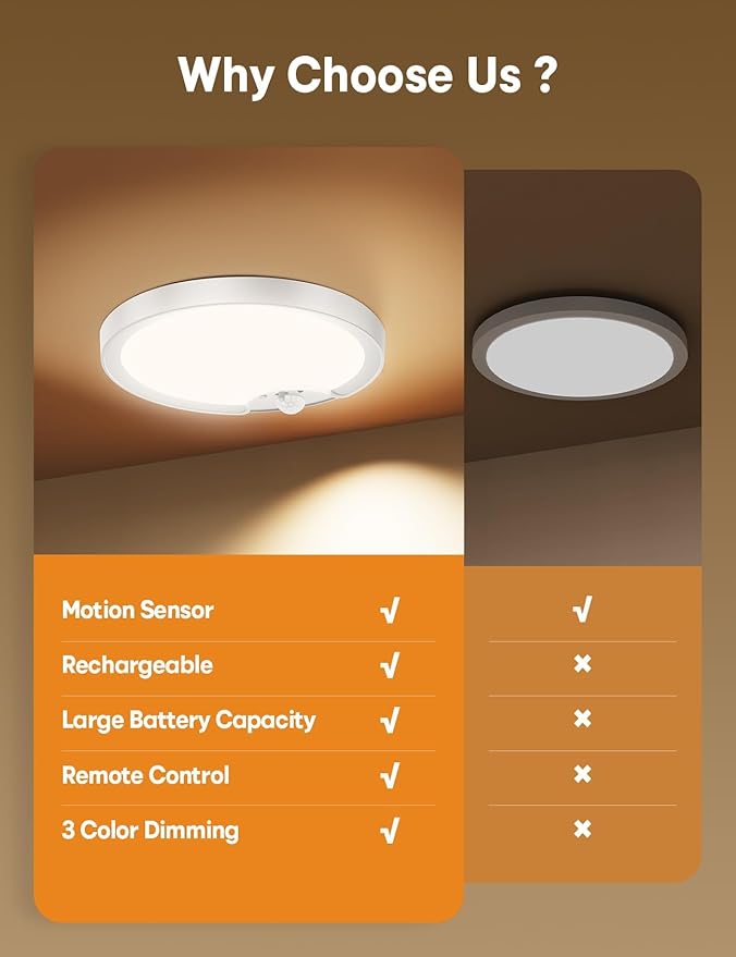 Fizrice Rechargeable Motion Sensor Ceiling Light – No Wiring, USB Charging, 150+ Days Battery Life, Perfect for Hallways, Closets & Bathrooms