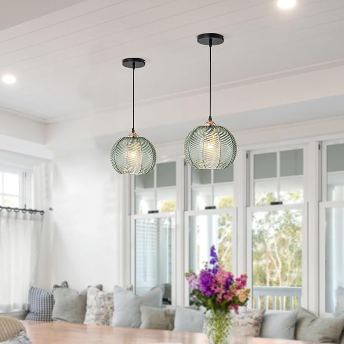 Green Glass Pendant Light Fixture Black Mid Century Modern Pendant Lighting Chandelier 1-Light Globe Ceiling Hanging Light for Bedroom Living Dinning Room Kitchen Island