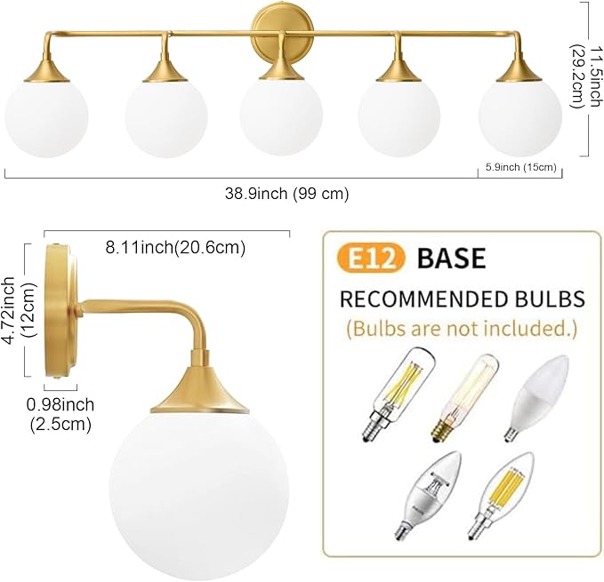 Gold Bathroom Light Fixtures, Modern Vanity Lights Over Mirror, Brushed Brass Wall Sconce Lighting 5-Light with Milky White Glass Ball Shades
