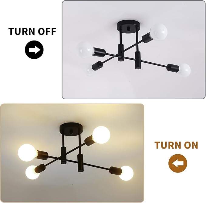 Garwarm Black Semi Flush Mount Ceiling Light Fixture, 4-Light Modern Industrial Sputnik Chandelier Light Fixture, Flush Mount Ceiling Lamp for Kitchen Dining Room Bedroom Foyer Entryway Hallway Closet