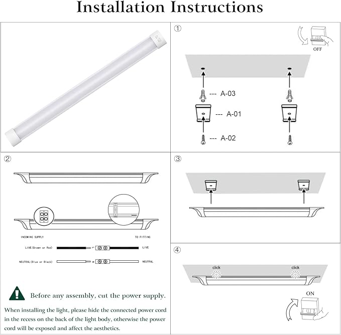 4 Packs 3FT LED Batten Light, Slim Ceiling Surface Mounted Light, 30W, 4000K, IP20, LED Ceiling Lamp for Garage, Shop, Hallway, Office, Market