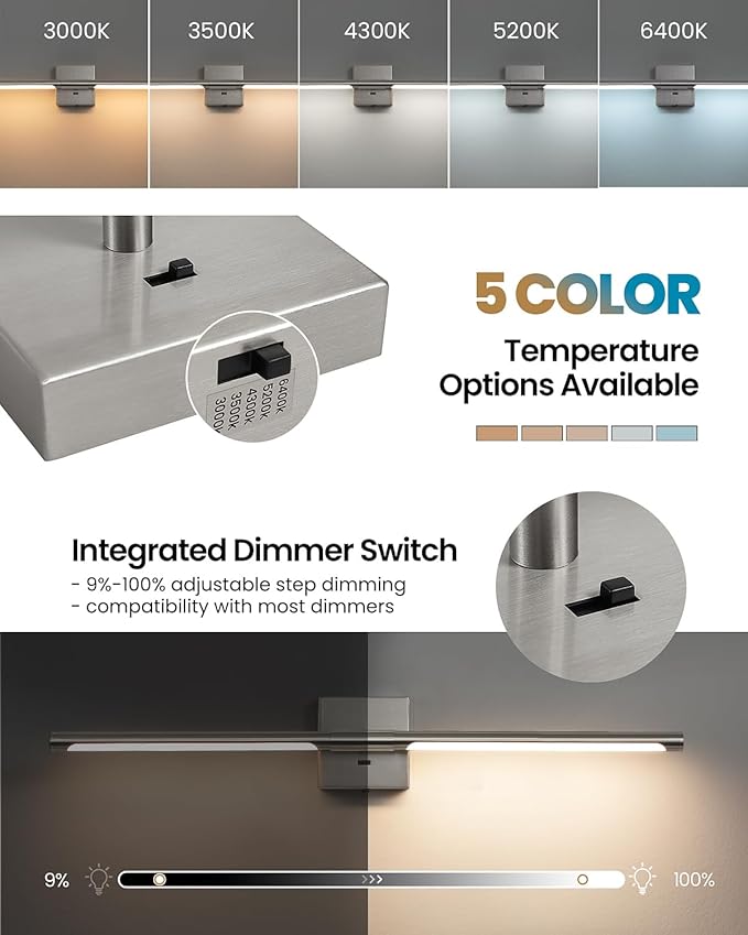 Brushed Nickel Vanity Light Fixtures for Bathroom Over Mirror 30 inch LED Bath Sconces IP44 5CCT Adjustable Morden Picture Lights for Paintings (Built-in Dimmer)