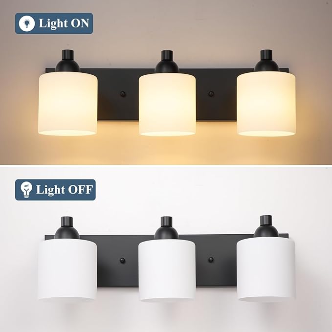 Mecgirn Milk Glass Vanity Lights for Bathroom, 3 Light Matte Black Bathroom Light Fixtures Over Mirror, Ceramic E26 Sockets Wall Mounted