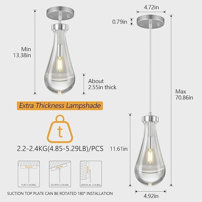 Raindrop Pendant Lights Kitchen Island Set of 3 Teardrop Chrome Hanging Light Fixtures Clear Solid Glass Pendant Light Modern Chandeliers for Dining Room Porch Corridor Living Room