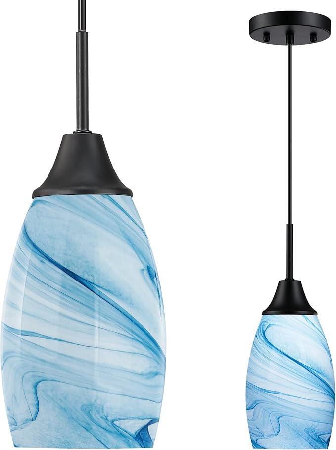 Viinew Mini Glass Pendant Light 4.72" with Handblown Blue Marble Art Glass Hanging Light 1-Pack Oval Ceiling Hanging Light Fixture for Dining Room Kitchen Island Cafe Foyer Hallway