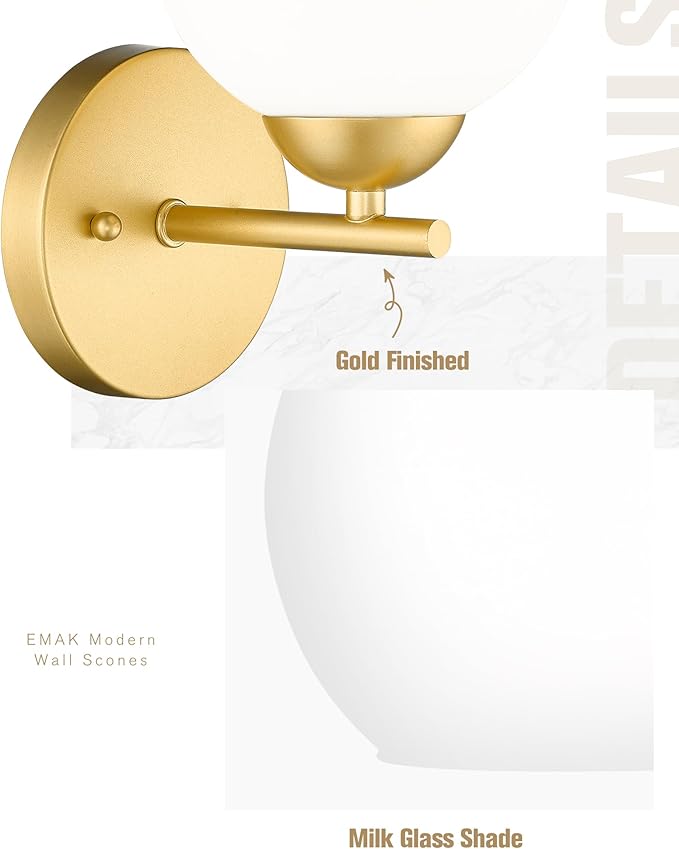 Emak Modern 2 Pack Globe Wall Sconce, Gold Vanity Light with Milk Glass Shade for Bathroom, Living Room, Pictures, Bedroom,Hallway, WS114-GD-ML-2PK