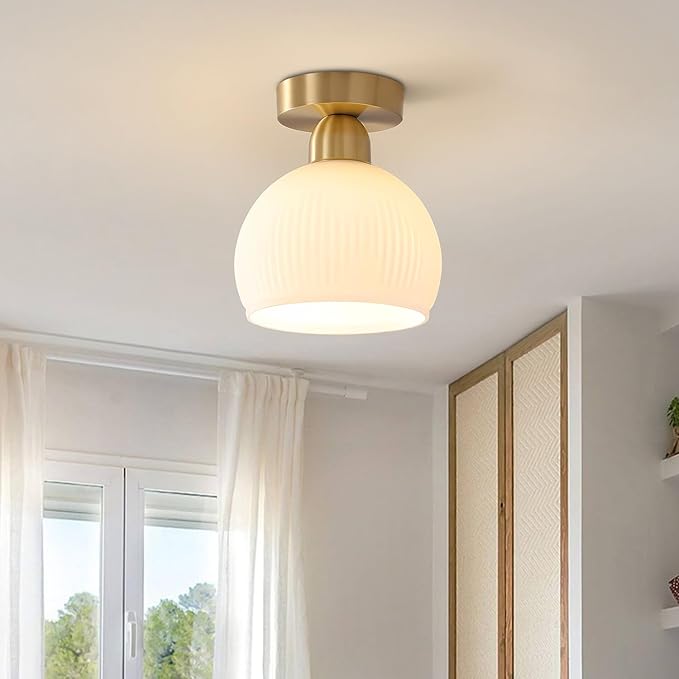 KCO Lighting Milk Glass Flush Mount Ceiling Light Fixture Small Brass Flush Mount Light Modern Gold Globe Semi Flush Mount Ceiling Light White Entryway Light Fixture