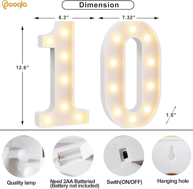 Pooqla 10th Birthday Decorations for Girls Boys, Large 12.6 in Tall Light Up Numbers for 10th Party Decorations Table Decor, Big Marquee Numbers 10th Birthday Gift for Girls Wedding Anniversary Decor