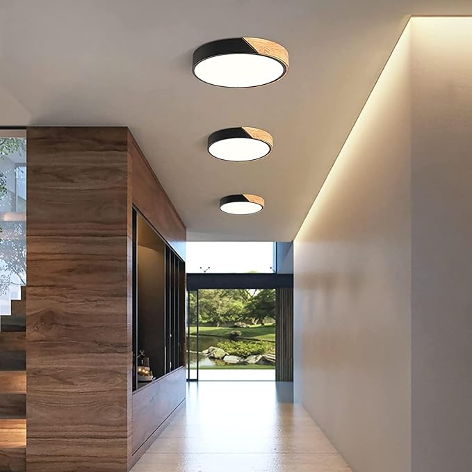 Wood LED Flush Mount Ceiling Light, 3CCT 3000K-6500K Modern Black Close to Ceiling Lighting Fixtures, Minimalist Round Ceiling Light for Bedroom, Kitchen, Hallway, Laundry Room, Not Dimmable