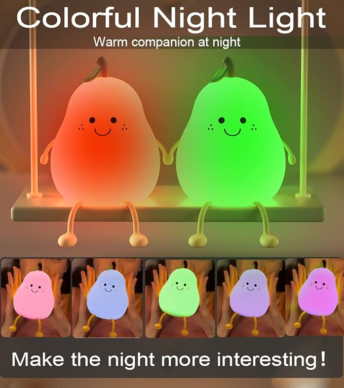 HAPPYBAG Cute Silicone Night Light for Kids,Dimmable Nursery Pear Lamps,Kawaii Room Decor Fruit Night Light Bedside Lamp for Baby and Toddler