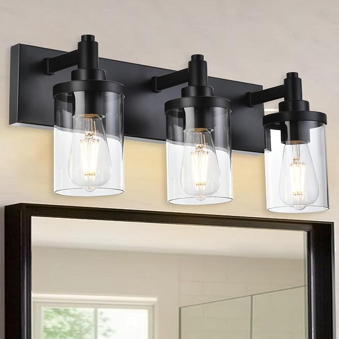 Modern Vanity Lighting,3 Light Matte Black Bathroom Light, Vintage Wall Sconces Lighting with Clear Class Shade Industrial Bath Wall Mounted Lights for Mirror, Living Room, Bedroom Hallway