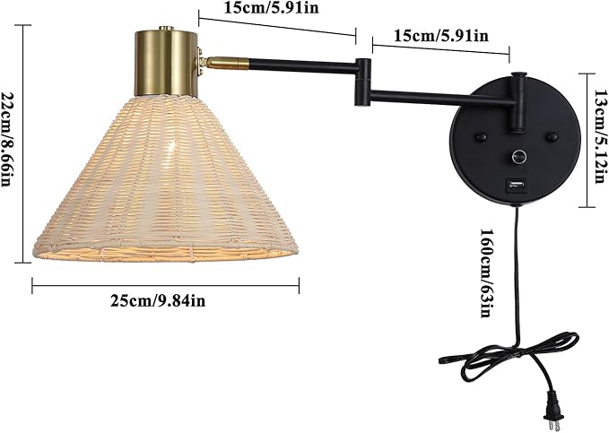 Plug in Rattan Wall Sconce Swing Arm Wall Lamp with USB Port and Dimmer Switch Hand-Woven Boho Rattan Wall Mounted Lamp Suitable for Hallway Bedroom Living Room.Balck