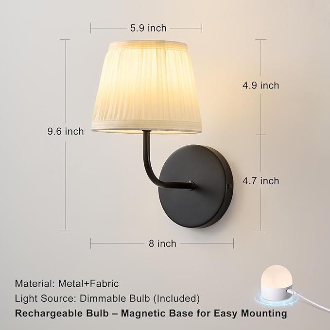 Rechargeable Wall Sconces Set of 2 - Vintage Black Cordless Battery Operated Fabric Sconce - Wireless Dimmable Led Bulb Wall Lights With Remote for Bedroom Bedside Living Room Stairway Hallway Porch