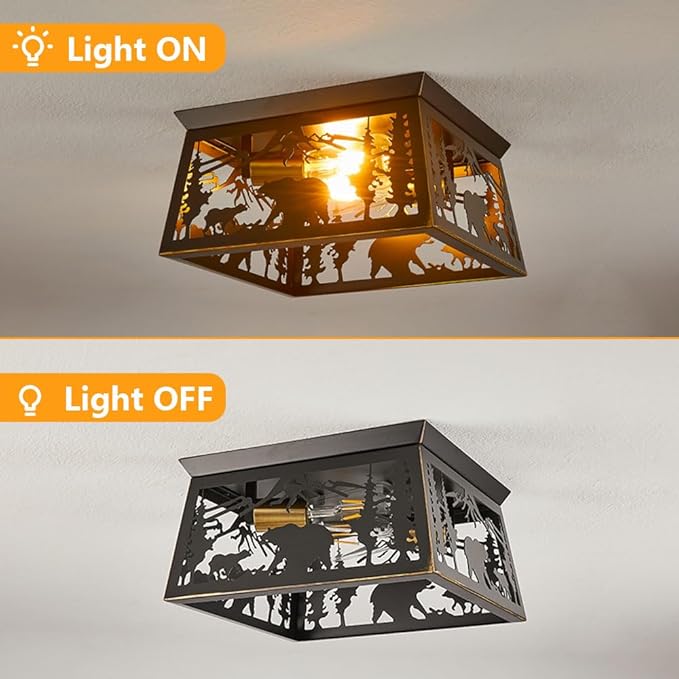 Rustic Light Fixture, 2-Light Farmhouse Flush Mount Ceiling Light Fixture, Metal Bear Country for Bedroom Foyer Entryway Hall Lights Ceiling Mount,E26 Bulbs, 12.5"