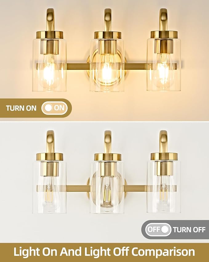 3 Light Bathroom Vanity Light, Gold Vanity Lights for Bathroom, Modern Light Fixtures Over Mirror with Clear Glass Shade, Wall Sconce Lighting for Bedroom Living Room Hallway